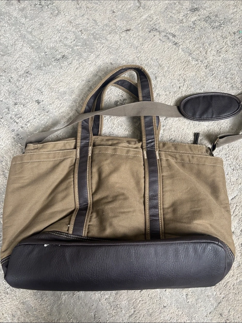 Eddie Bauer Olive Canvas Messenger Tote/ diaper bag with Dark Brown Trim